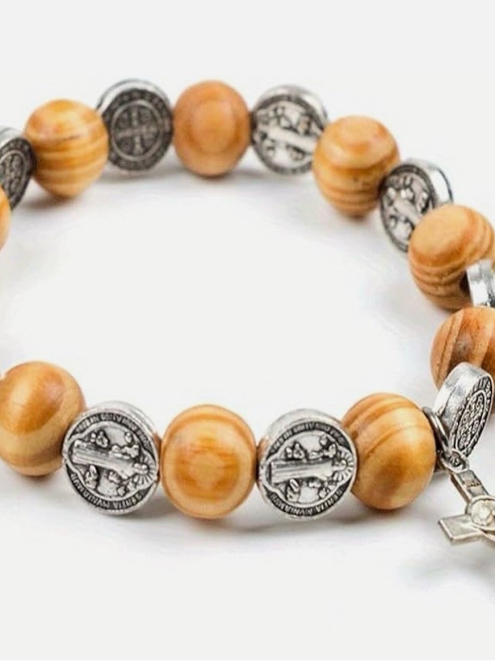 Tan Wood Bead Bracelet with Silver Saint Medals — Women's Stretch Bracelet